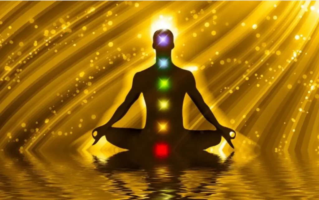 Spiritual yoga & meditation chakra healing silhouette with glowing energy centers by Dieticiantips