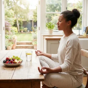 Woman practicing yoga & meditation at home with healthy fruits and peaceful surroundings by Dieticiantips